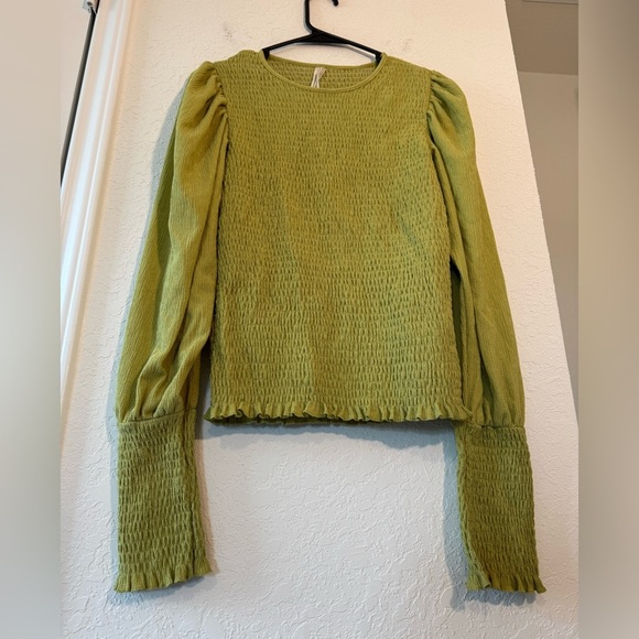 Anthropologie Smocked Long Sleeve Puff Sleeves Green Ruched Top Size Medium - Picture 4 of 9